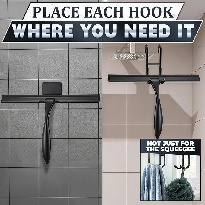 Black Squeegee for Shower Glass, 12" Silicone Blade, Stainless Steel | Shower Door Squeegee with Hook, Adhesive Mount; All-Purpose Bathroom Tile, Mirror, & Window Wiper for Streak-Free Cleaning