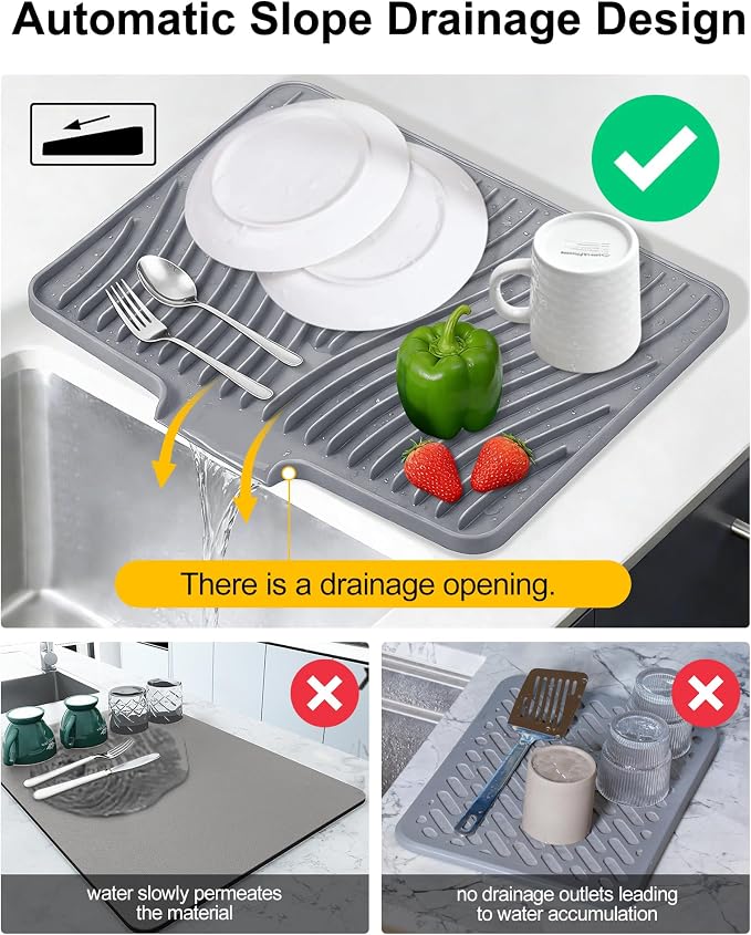 Silicone Dish Drying Mat, Stone Drying Mat for Kitchen Counter with Built-In Drain, Non-Slip Drain Pad with Built-in Drain, Heat Resistant Stone Drying Mat, 1Pcs 19.7" x 15", Grey