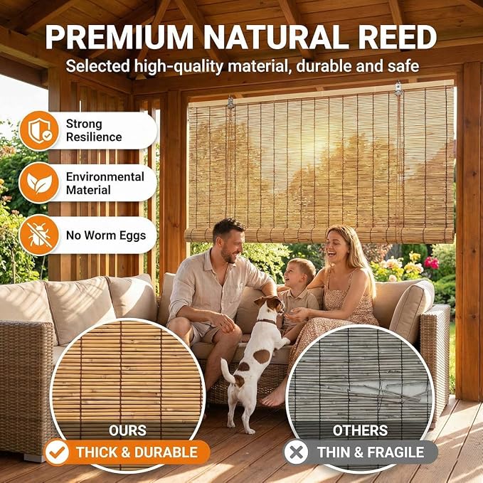 Light Filtering Privacy Screen Bamboo Blinds, 24" 36" 48" 60" 72" 78" Roman Shades for Indoor Windows, Outdoor Roll Up Bamboo Roller Shades Patio Gazebo, Cordless No Drill Blinds for Windows
