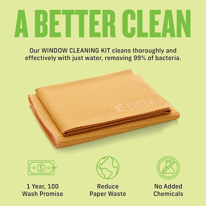 E-Cloth Microfiber Window Cleaning Cloth Kit - Glass Cleaning Cloth for Windows,Mirrors,Cars,Lenses,Eyeglasses,& More,Streak Free Clean,Machine Washable Reusable Towel - Tangerine Orange,(Pack of 2)
