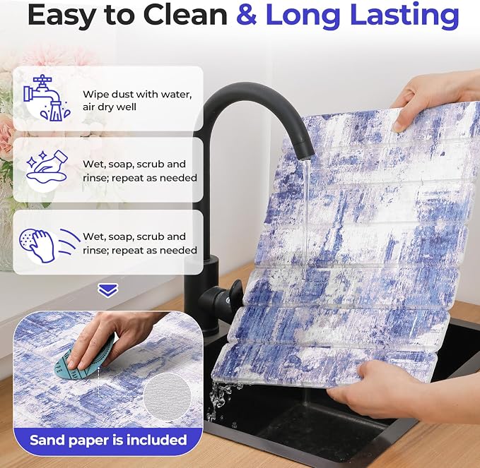 Findosom Stone Dish Drying Mat for Kitchen Counter, 15.7" × 11.8" Foldable Non-Slip Stone Drying Mat with Abstract Pattern, Heat Resistant Diatomaceous Earth Mat for Bath, Dishes, Cups, Blue