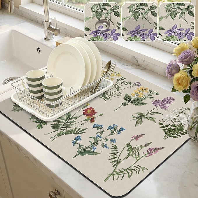 LOKHOM Dish Drying Mat for Kitchen Counter, 16"x20" Absorbent Coffee Bar Mat with Vintage Sage Flower Herbs, Dish Drainer Rack Mat for Kitchen Counter