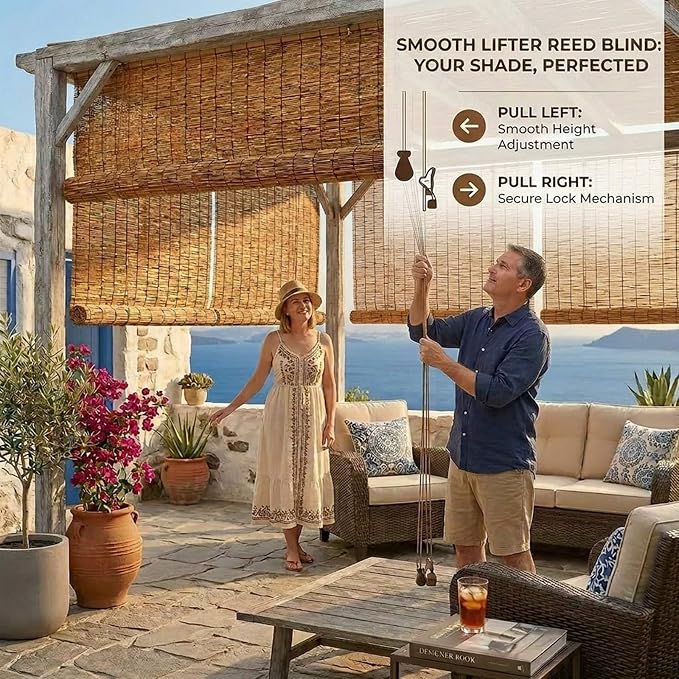 Bamboo Blinds Outdoor, Breathable Bamboo Roller Shades for Outside Patio, 36" 48" 60" 64" 72" 78" Width Privacy Sun Shade, Cordless Bamboo Roll Up Shades for Porch Backyard(42" W x 72" H)