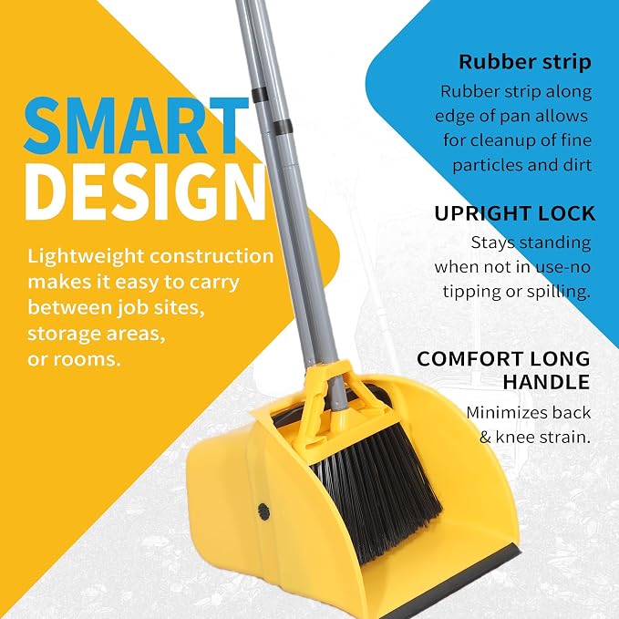 Commercial Broom and Dustpan Set, Jumbo Lobby Debris Dustpan (14inch*14inch), Heavy Duty Broom (14inch Width),for Indoor and Outdoor Cleaning,2 Sets, Yellow