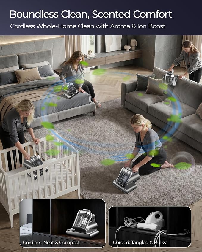 Teant Cordless Mattress Bed Vacuum, 18kPa Suction & LED Display, Model MV01 | Cordless 2-Speed Bed Vacuum, 33000RPM Roller Brush, 253.7nm UV-C, Ultrasonic, HEPA, 149°F Heat, Aroma, Anion for Bed Sofa