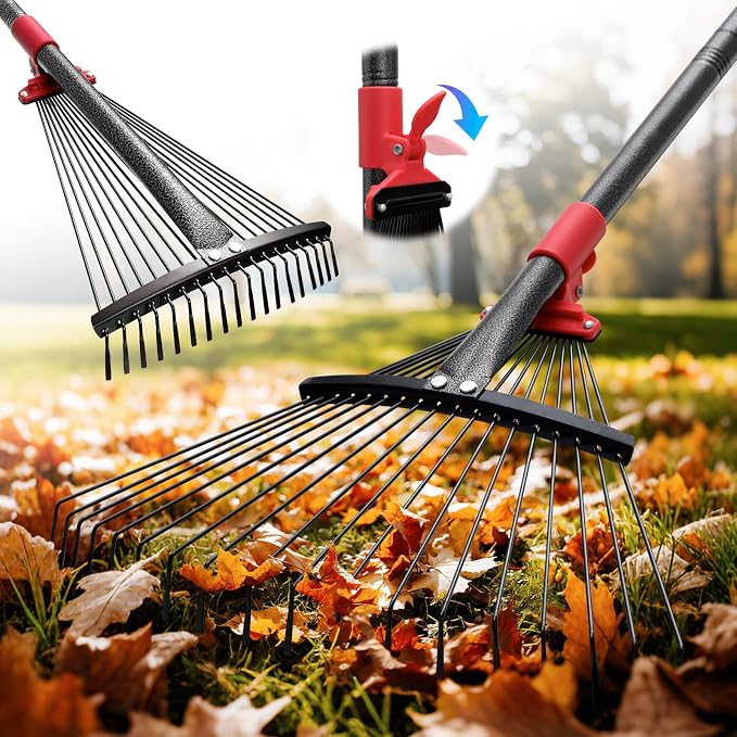 Collapsible Garden Rake, 8"-17" Expandable Metal Leaf Rake with 70" Long Handle, Lightweight Yard Rake for Leaves, Pine Needles, Flower Beds, Shrubs, Small Lawns and RV Camping