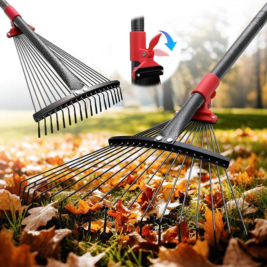 Garden Leaf Rakes for Leaves - 85" Adjustable Roof Cleaning Rake with Expandable Steel Head (8”-17”), Collapsible for Gardening Beds,Lawn,Shrub,Small Areas,Pine Needle& Camping Use