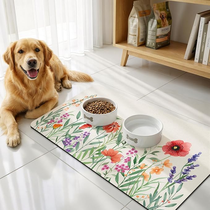 LOKHOM Dish Drying Mat for Kitchen Counter, 17"x32" Absorbent Coffee Bar Mat with Spring Floral, Dish Drainer Rack Mat for Kitchen Counter