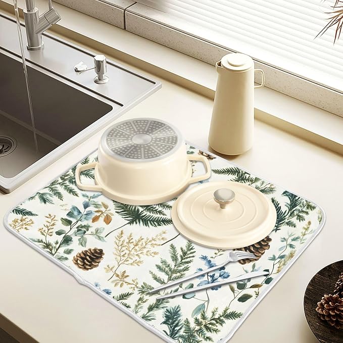 Vintage Herbs Fern Leaves Floral Plant02 Dish Drying Mat for Kitchen Counter Absorbent Microfiber Small Drying Pad Dish Mats for Kitchen Countertops 16 x 18 Inch
