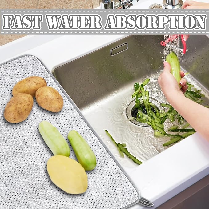 2 Pack Extra Large Microfiber Dish Drying Mat,30 x 24 Inch Super Absorbent Drying Pad,Large Size Dish Drying Mat for Countertops,Sinks,Draining Racks,Gray
