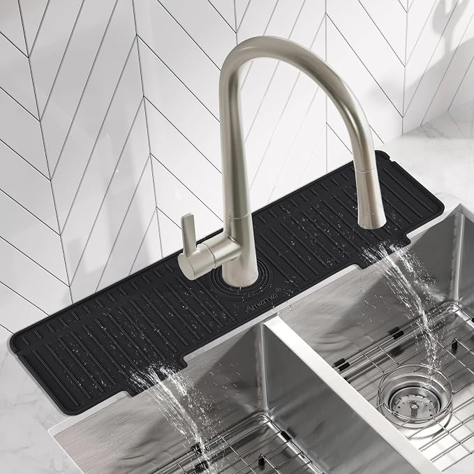 Kitchen Sink Splash Guard, 20 inch Silicone Faucet Guard & Draining Mat, 10° Large Slope Sink Faucet Mat Splash Guard, Bathroom Sink Organizer, Kitchen Sink Accessories Gadgets, 20 x 5.5”, Black