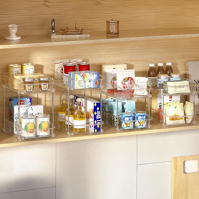Delamu 2-Tier Under Sink Organizers and Storage, Multi-Purpose Stackable Bathroom Cabinet organizers, Pull Out Kitchen Pantry Organization and Storage with Dividers(2 Pack, Clear)