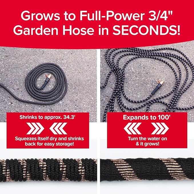 Pocket Hose 100 FT Copper Bullet Expandable Garden Hose w/10 Pattern Thumb Spray Nozzle AS SEEN ON TV 650psi 3/4 in Patented Lead-Free Ultra-Lightweight Solid Copper Anodized Aluminum