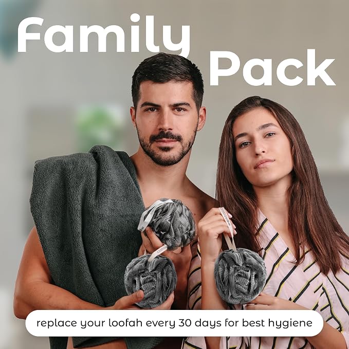MainBasics Shower Loofah Sponge Pouf, Set of 3, Charcoal Infused | Soft Mesh Body Scrubber and Bath Sponge for Gentle Exfoliation, Rich Lather, and Everyday Shower Use