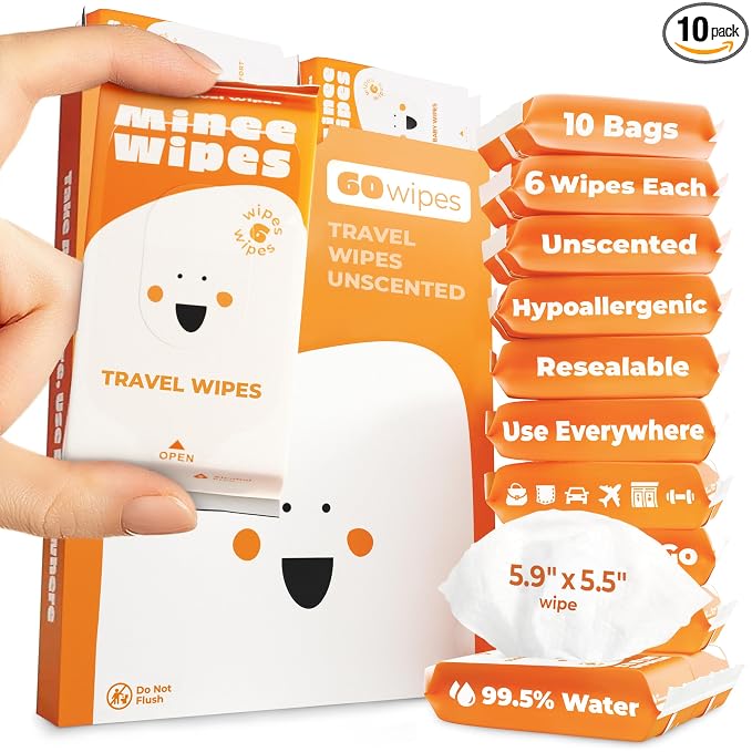 Impossibly Compact Travel Wipes - 99.5% Water - Safe for Sensitive Skin & Hypoallergenic, Resealable, Thick & Durable - For Adults & Kids - Unscented, 10 Pack Total 60 Wipes