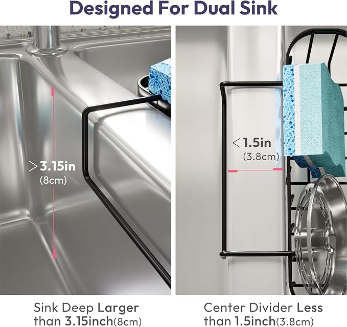 SWTYMIKI Sponge Holder for Kitchen Sink with Partition, Movable Kitchen Sink Caddy with Compact Size Stainless Steel Hanging Sink Sponge Caddy for Double Bowl Sinks, Black