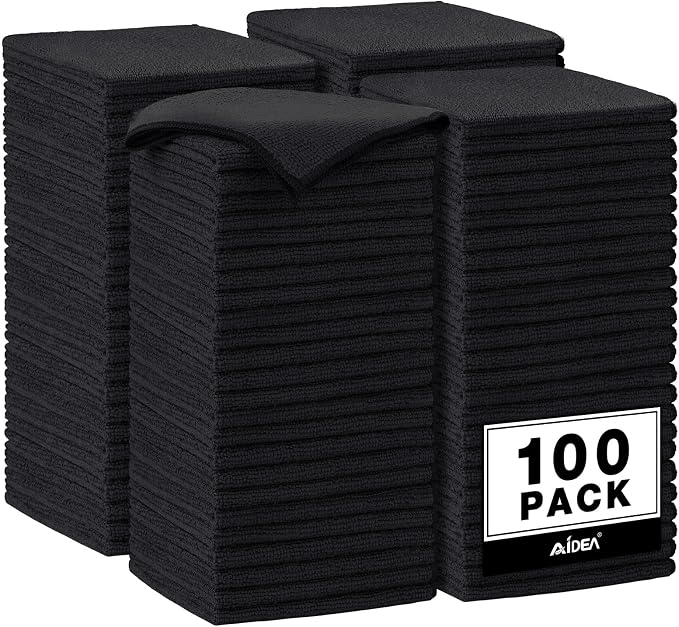 AIDEA Microfiber Cleaning Cloth Black 100PK, Microfiber Towels for Cars, Premium Car Cloths, Dusting Cloth Lint Free Cleaning Rags for SUVs, House, Kitchen, Window, Workshops,11.5"×11.5"