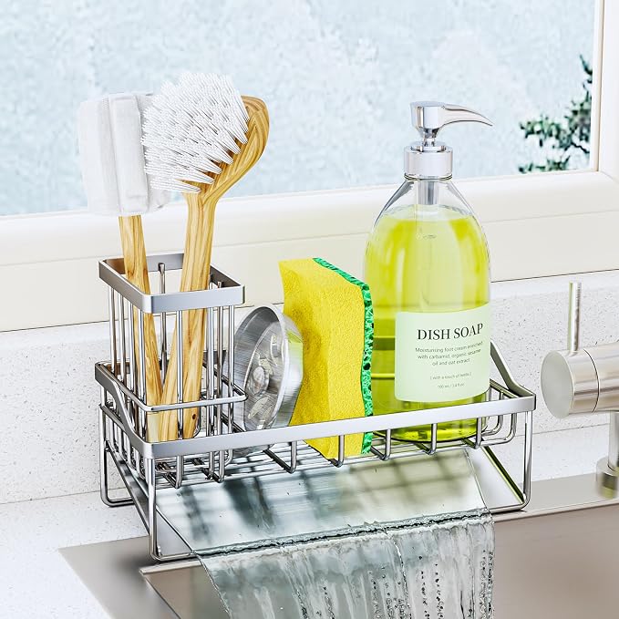 SWTYMIKI Sink Caddy Sponge Holder - Kitchen Sink Organizer with Stainless Steel Self Drain Tray & High Brush Holder for Countertop to Hold Dish Soaps and Sponges, Stainless Steel, Silver