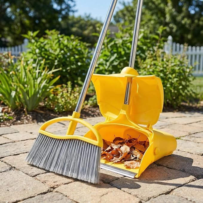Long Handle Heavy Duty Broom and Dustpan Set, Outdoor and Commercial Upright Dustpan and Brush for Restaurant Garage Garden Yard Office, Yellow