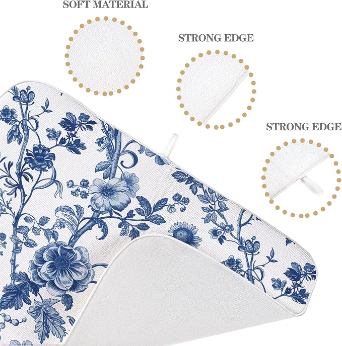 Vintage Blue Dish Drying Mat 18x24 Inch Chinoiserie Navy Blue Floral Drying Mat Flower Spring Summer Seasonal Absorbent Dish Drying Pad Dish Rack Drainer Mats for Kitchen Dining Counter