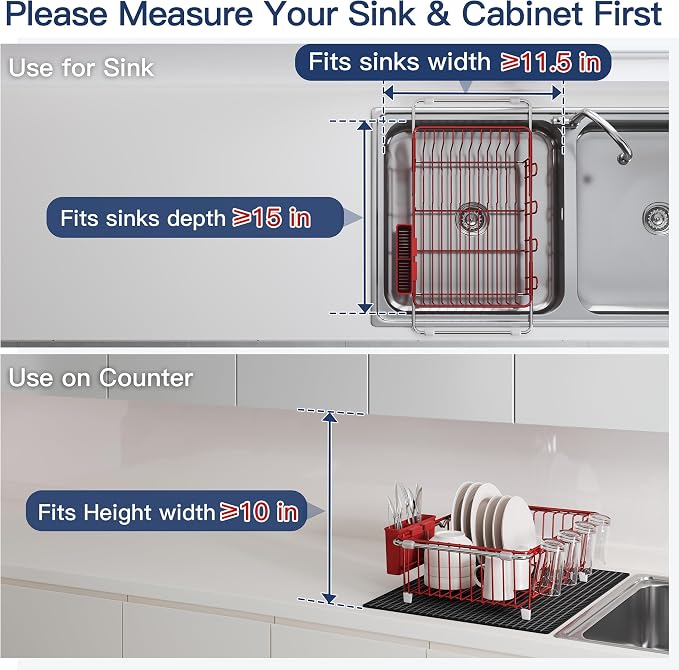 JASIWAY Red Dish Drying Rack in Sink with Mat, Expandable Stainless Steel Dish Drainers for Kitchen Counter, Space Saving Dish Dryer for Inside Sink, Over Sink Dish Racks with Utensil Holder
