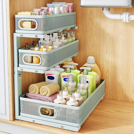 Under Sink Organizer, 3-Tier Thickened Metal Pull out Cabinet Organizer Shelf, Height Adjustable Slide out Storage Drawer Rack for Kitchen Bathroom Pantry Laundry Home, 1-Pack, LightBlue | 35% Extra Storage Capacity, Carbon Steel, Hold Up 55lbs, Suctio...