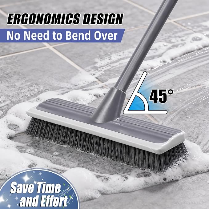 2 in 1 Floor Scrub Brush: Deck Brush with Squeegee | Long Adjustable Handle - 55'' Stiff Bristle Scrape Brush for Deck Patio Garage Shower Bathroom