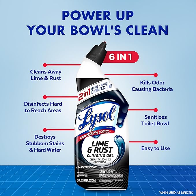 Lysol Lime & Rust Toilet Bowl Cleaner Liquid, For Limescale, Rust & Hard Water Stains, Septic Safe, Clinging Gel, Disinfects, Sanitizes & Deodorizes, Bathroom Cleaning Supplies, 24oz (4 Pack)