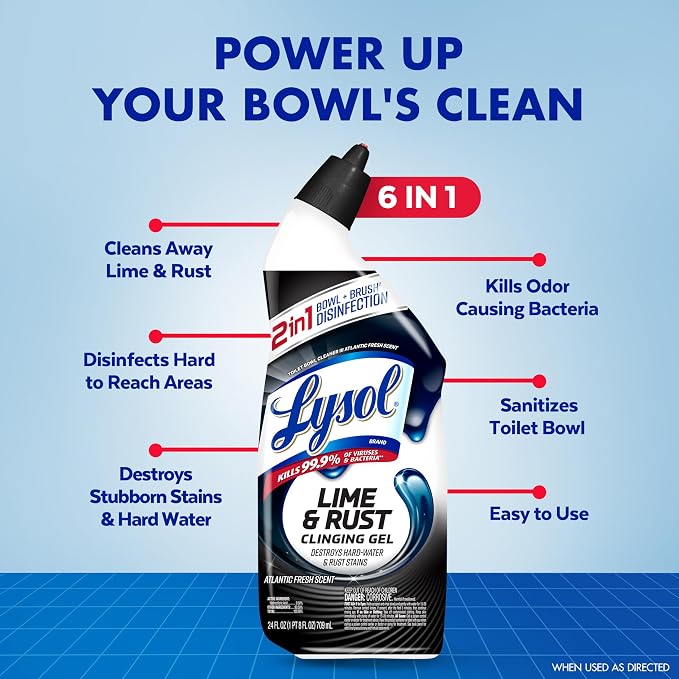 Lysol Lime & Rust Toilet Bowl Cleaner Liquid, For Limescale, Rust & Hard Water Stains, Septic Safe, Clinging Gel, Disinfects, Sanitizes & Deodorizes, Bathroom Cleaning Supplies, 24oz (2 Pack)