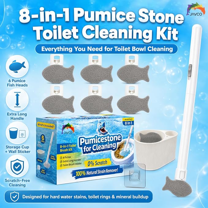 Pumice Stone for Toilet Bowl Cleaning, 8-in-1 Toilet Cleaning Kit with 6 Replaceable Fish Heads, 17" Extra Long Handle, Wall Mount Holder, Removes Hard Water Stains, Mineral Deposits & Rust Rings