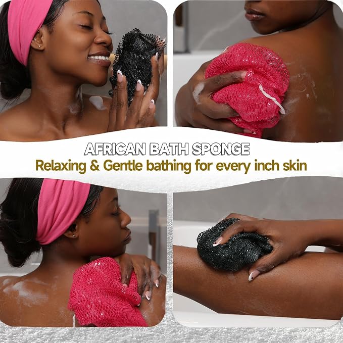 SubSahara Authentic African Net Sponge - 2 Pack Exfoliating Bath & Shower Loofah Sponge for Body & Face, Gentle Scrubber for All Skin Types, Travel, Durable (Black & Pink)