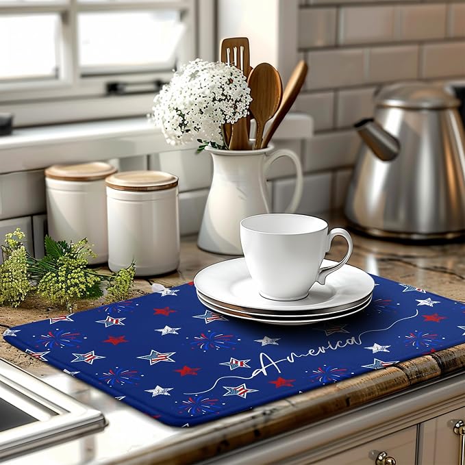4th of July Dish Drying Mat America Stars Fireworks Blue Drying Mat 18x24 Inch Patriotic Memorial Independence Day Microfiber Absorbent Dish Drainer Rack Mats for Kitchen Counter
