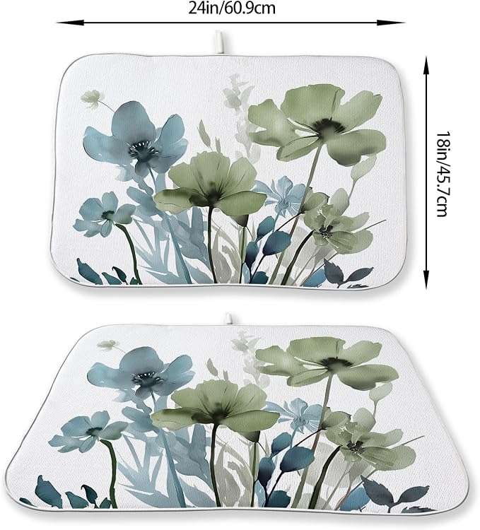 Blue Sage Green Dish Drying Mats 18x24 Inch Mats Vintage Floral Spring Drying Mats Summer Watercolor Flower Decor Seasonal Absorbent Drying Dish Mats for Kitchen Dining Room Counter Decorations