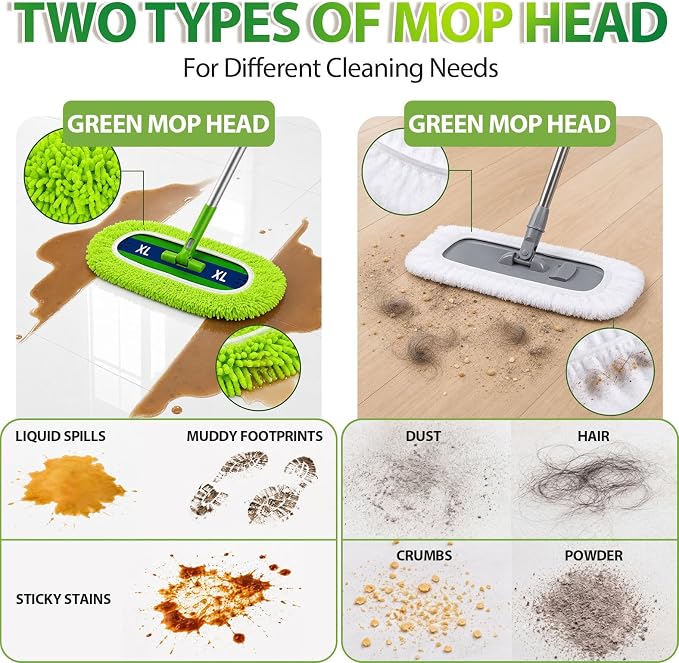 Toulite 6 Pcs Reusable Mop Refill Pads Replacement Compatible with Most XL Sweeper 17" x 5" Microfiber Mops Head Floor Cleaning Supplies (Handle is Not Included) (Green,White)