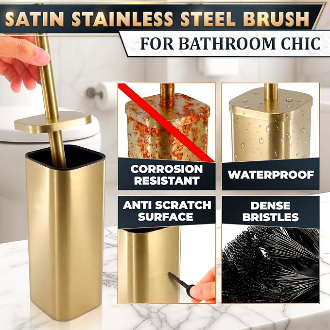 Gold Toilet Brush with Square Holder - Toilet Brush and Holder Set Gold, Stainless Steel Handle with Splash Shield, Replaceable Head and Removable Inner Cup - Freestanding Bathroom Toilet Cleaning Set
