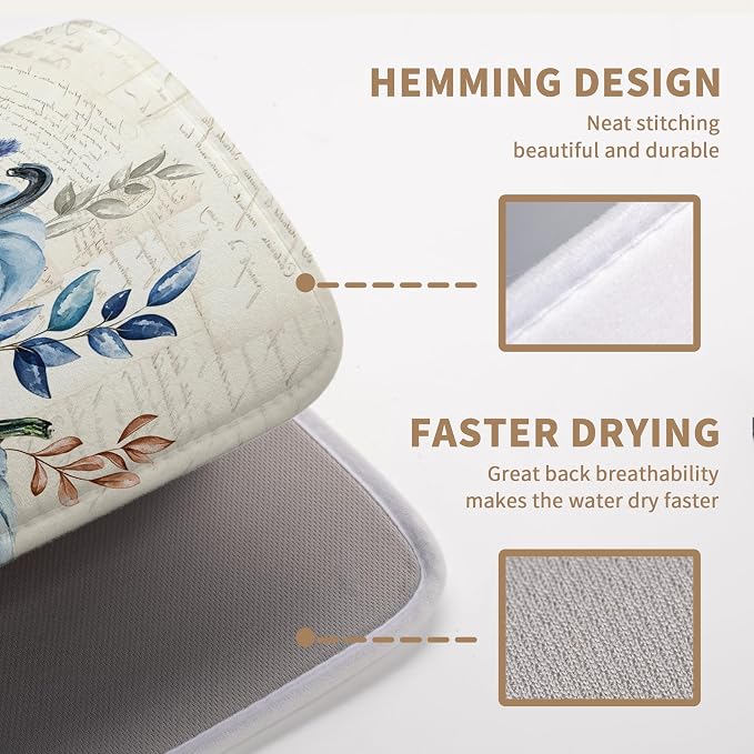 Fall Blue White Pumpkin Dish Drying Mats Thanksgiving Leaves Dish Mat Drying Matt Autumn Floral Dishes Dryer Pad for Kitchen Counter Absorbent Microfiber Washable Foldable Reusable 18x24 in