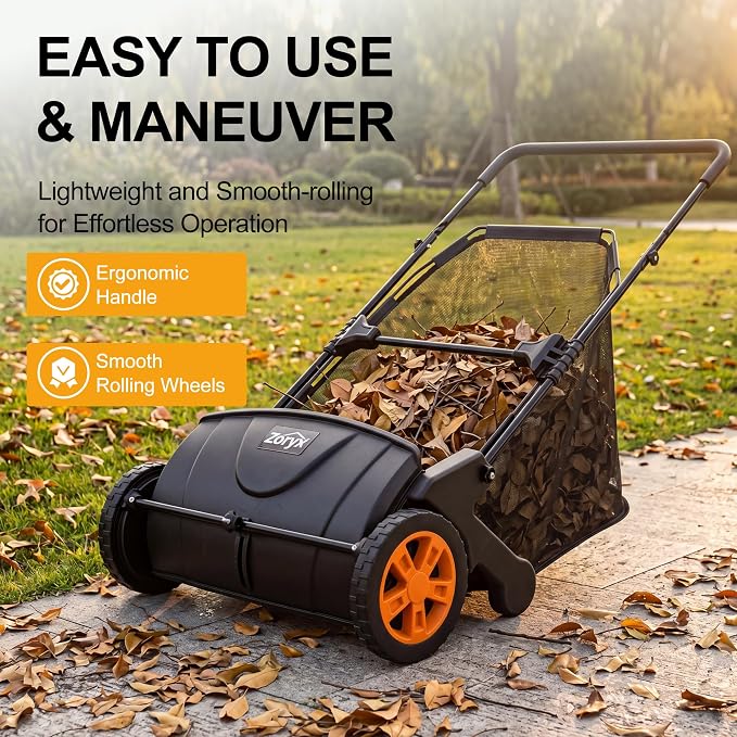 Zoryx 21-Inch Push Lawn Sweeper, Manual Leaf Sweeper for Yard & Lawn Debris, 3.5 cu.ft. Collector Bag, Artificial Turf Cleaner with Adjustable Height, Easy Assembly & Foldable Storage
