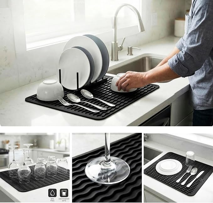 MicoYang Silicone Dish Drying Mat — Quick-Dry Ridges Counter & Sink Pad, Heat-Resistant Trivet to 450°F, Non-Slip & Dishwasher Safe, Roll-Up Storage, 18 Colors & 9 Sizes (Black, 16"×12")
