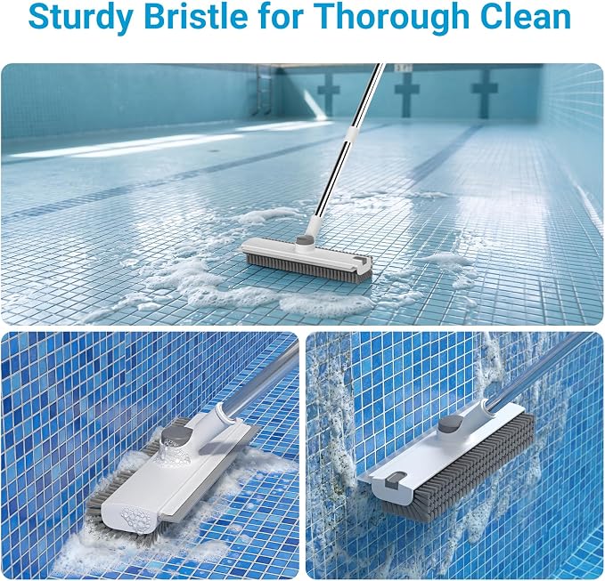 Pool Scrub Brush with 52" Pole, 3 in 1 Pool Cleaning Brush with Squeegee, Floor Scrub Brush with Long Handle, Deck Brush for Swimming Pool Tile Wall Patio Concrete White
