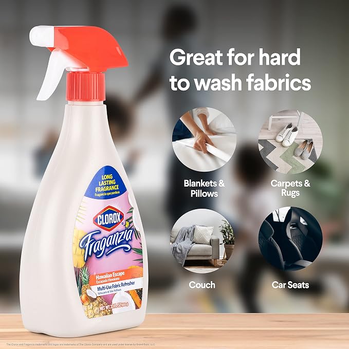 Clorox Fraganzia Refresher Spray, Hawaiian Escape Scent - Multi-Use Fabric and Linen Freshener, Odor Eliminator for Home, Couches, Curtains, and Upholstery, 22 Fl Oz