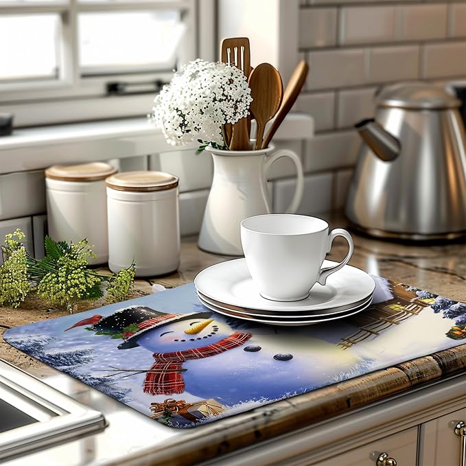 Christmas Snowman Kitchen Drying Mat - Winter Snow Cardinals Pine Trees Dish Drainer - Large Microfiber Absorbent Fast Drying Pad for Kitchen Countertop 1824