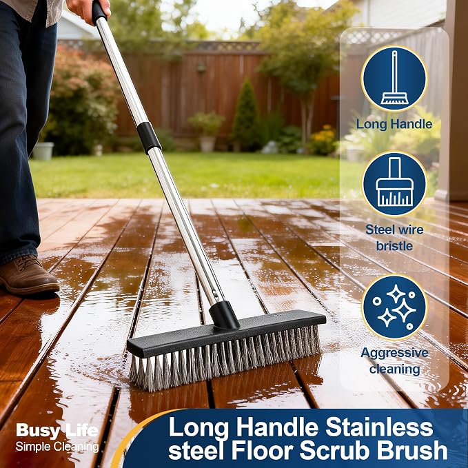 Yocada Stainless Steel Wire Scrub Brush with 65" Long Handle Heavy Duty | Outdoor Wire Metal Brush Scrubber Broom for Deck Crack Patio Pavement Sidewalk Driveway Moss Remover