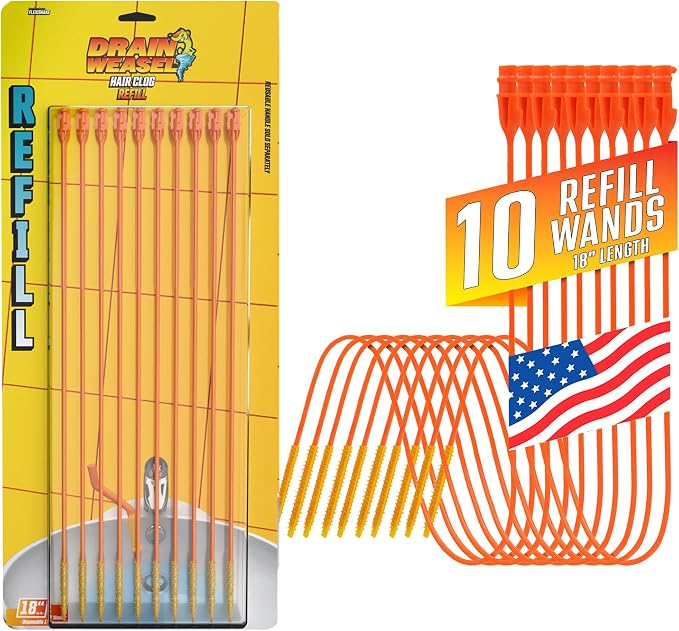 FlexiSnake Drain Weasel Refill for Sink Snake Hair Clog Remover, 10 Pack | Pipe, Bathroom, Bathtub Drain Cleaner, 18" Wands, Made in The USA