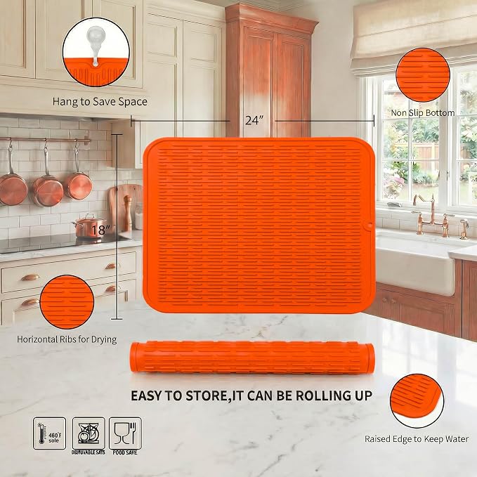 MicoYang Silicone Dish Drying Mat for Multiple Usage,Easy clean,Eco-friendly,Heat-resistant Silicone Mat for Kitchen Counter or Sink,Refrigerator or Drawer Liner Orange 2XL 24 inches x 18 inches