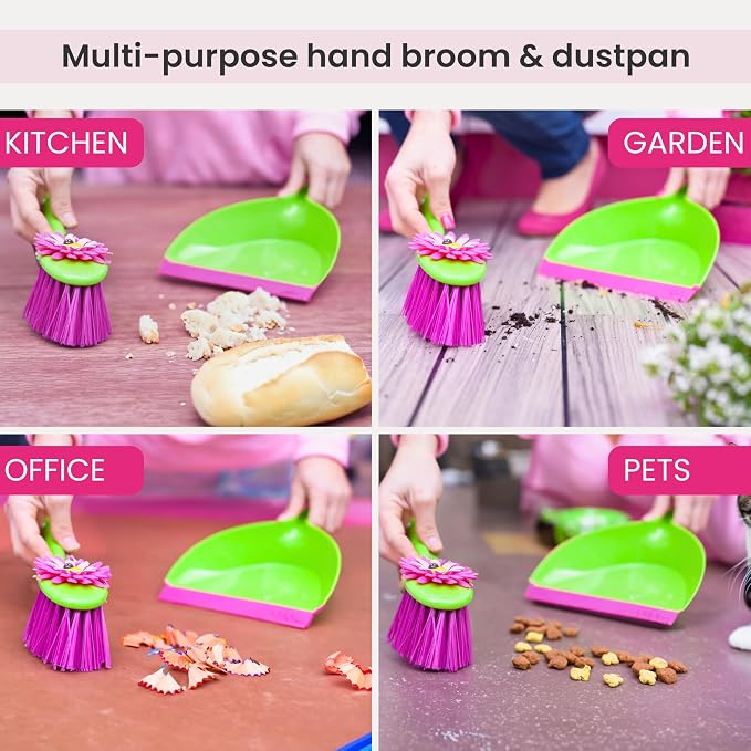 Vigar Flower Power Dust Pan and Brush Set - Mini Broom and Dustpan Set, Handheld Broom and Dustpan Set With Whisk Broom, Small Dustpan and Brush Set, Compact Indoor Sweeper for Countertop - Pink Green