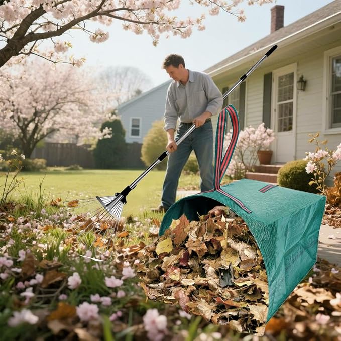 RISETEX Leaf Rake with 53 Gal Leaf Bags, Expandable Heavy Duty Metal Set | Dustpan-type Yard Waste bags, long steel handle Rake for leaves, for lawns, shrubs, grass, yard cleanup, gardening