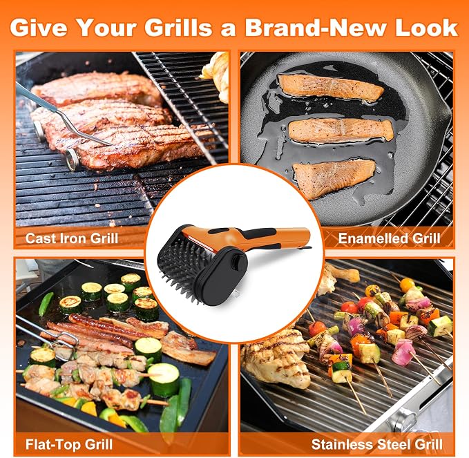 Electric Grill Brush – 2600mAh Rechargeable Outdoor Grill Cleaner, 2-Speed Adjustable (Up to 1000 RPM), 2 Replacement Heads, with LED Light, for BBQ Grates/Camping Stoves (Orange)