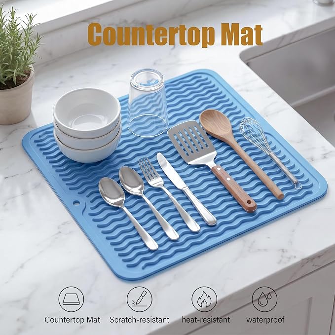 MicoYang Silicone Dish Drying Mat for Multiple Usage,Easy clean,Eco-friendly,Heat-resistant Silicone Mat for Kitchen Counter or Sink,Refrigerator or Drawer liner Light Blue M 12 inches x 12 inches