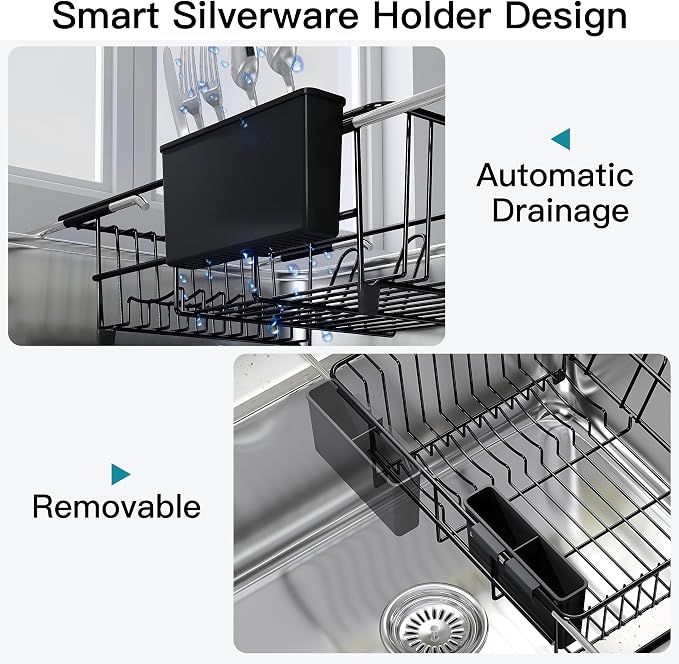 JASIWAY Black Dish Drying Rack in Sink, Expandable Stainless Steel Dish Drainers for Kitchen Counter, Dish Dryer Rack for Inside Sink, Over The Sink Dish Racks with Utensil Holder