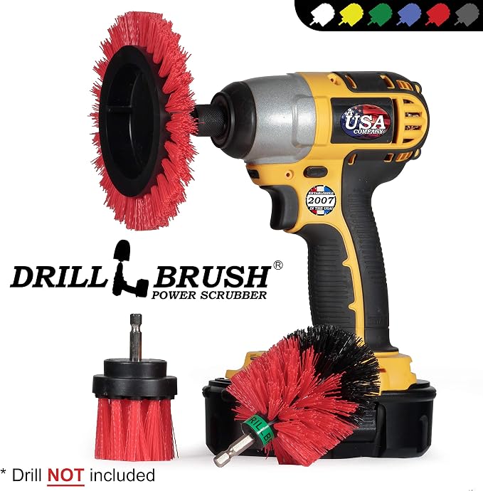 Deck Cleaning Brush Set - Brick and Stone Outdoor Scrubber Kit | Red Stiff 3 Piece Outdoor Power Scrubber Brush Kit - Garden Patio Scrubbing Tool - Concrete Scrubbing Tool Set